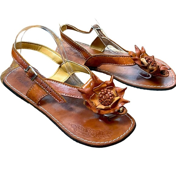 Handmade Tooled Brown Leather Sandals With 3-D Leather Floral Detail Size 8 - Picture 1 of 7